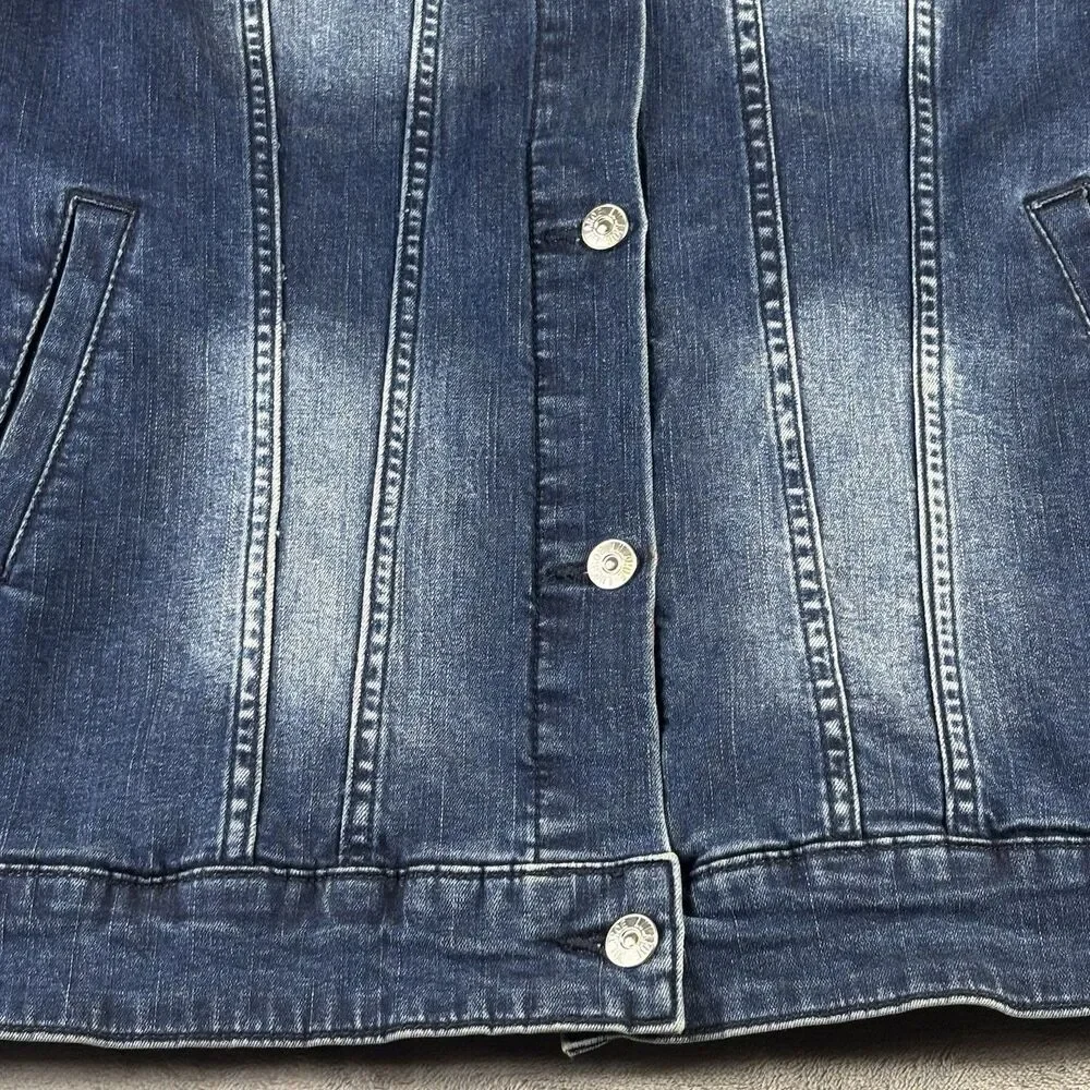 Lularoe Harvey Denim Jean Jacket Embroidered Floral Dark Wash Women Large Button